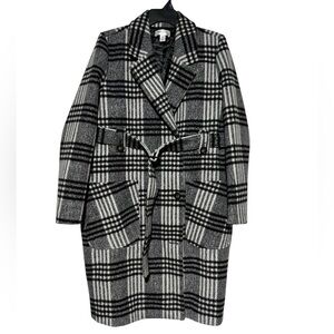 Motherhood Maternity Black White Plaid Trench Coat Size M Classic Chic Winter